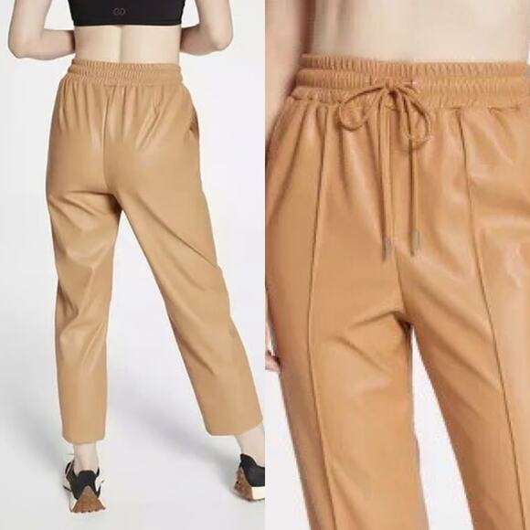 Calia Straight leg Faux Leather Pintuck Tan Pants - Picture 2 of 8